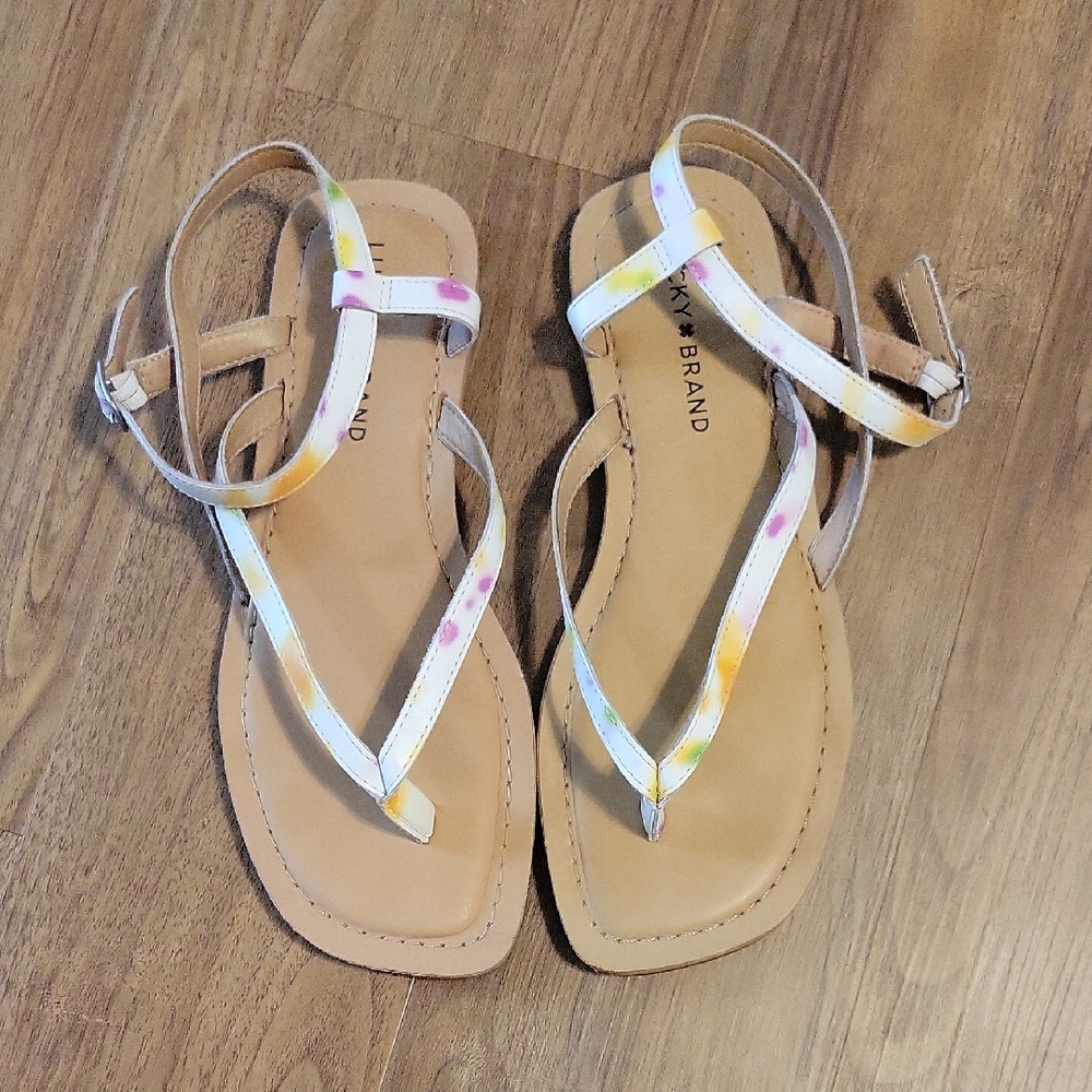 EUC Lucky Brand White Pink and Yellow Sandals Minimalist Design